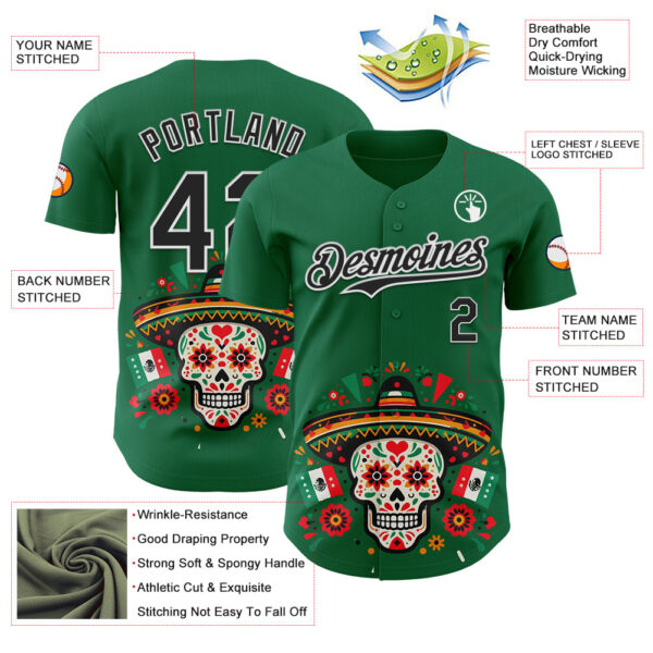 Custom Kelly Green Black-White 3D Mexican Festival Flag Skull With Sombrero Cinco de Mayo Authentic Baseball Jersey