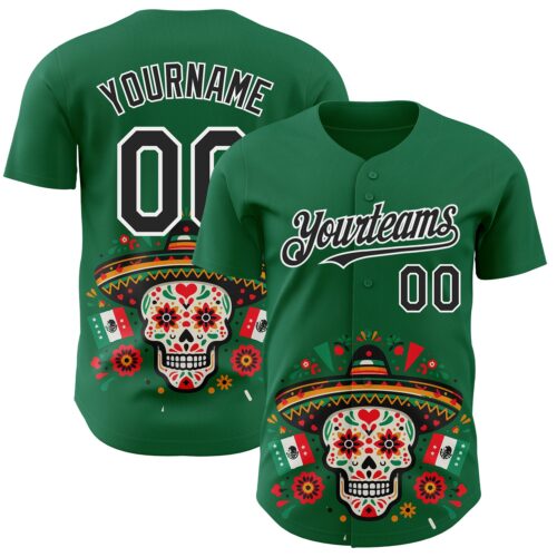 Custom Kelly Green Black-White 3D Mexican Festival Flag Skull With Sombrero Cinco de Mayo Authentic Baseball Jersey