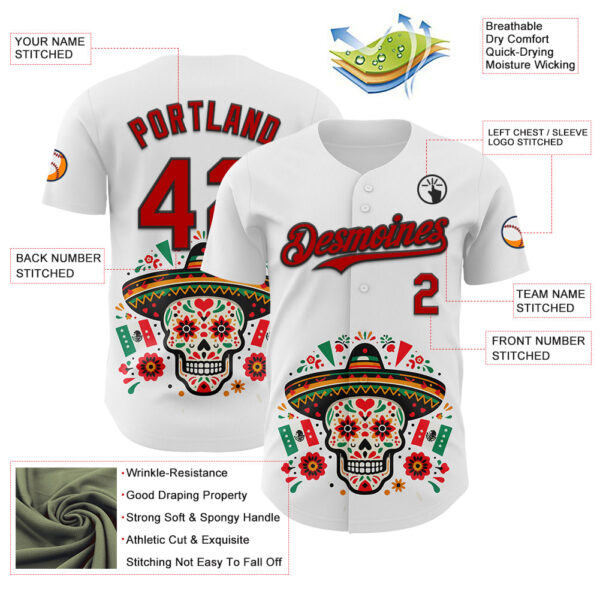 Custom White Red-Black 3D Mexican Festival Flag Skull With Sombrero Cinco de Mayo Authentic Baseball Jersey