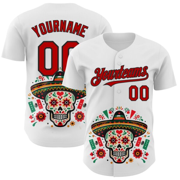 Custom White Red-Black 3D Mexican Festival Flag Skull With Sombrero Cinco de Mayo Authentic Baseball Jersey