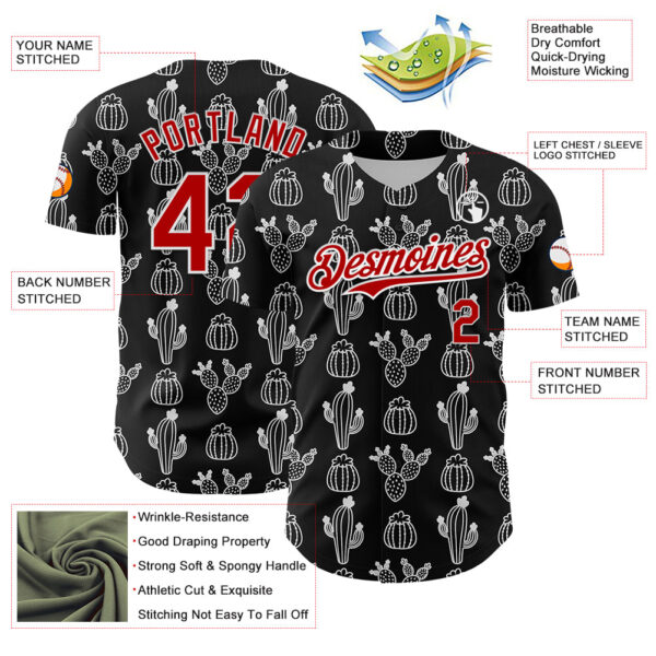 Custom Black Red-White 3D Mexican Cactus Authentic Baseball Jersey