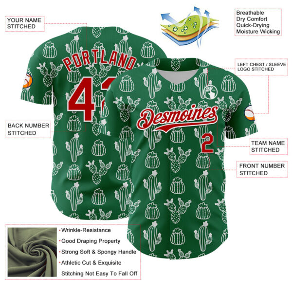 Custom Kelly Green Red-White 3D Mexican Cactus Authentic Baseball Jersey
