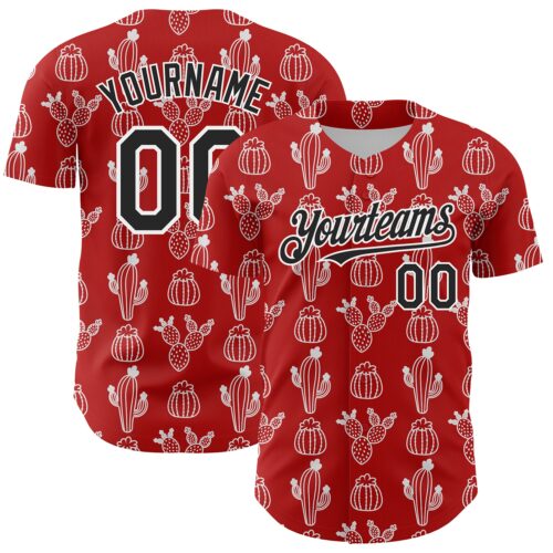Custom Red Black-White 3D Mexican Cactus Authentic Baseball Jersey