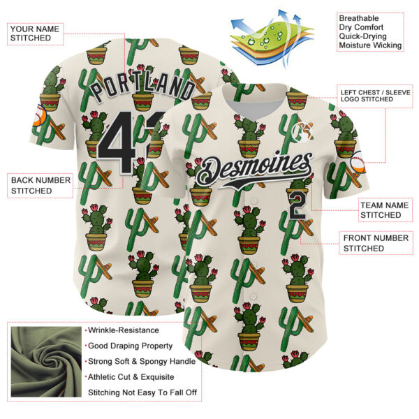 Custom Cream Black-White 3D Mexican Cactus Authentic Baseball Jersey
