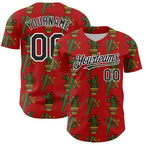 Custom Red Black-White 3D Mexican Cactus Authentic Baseball Jersey