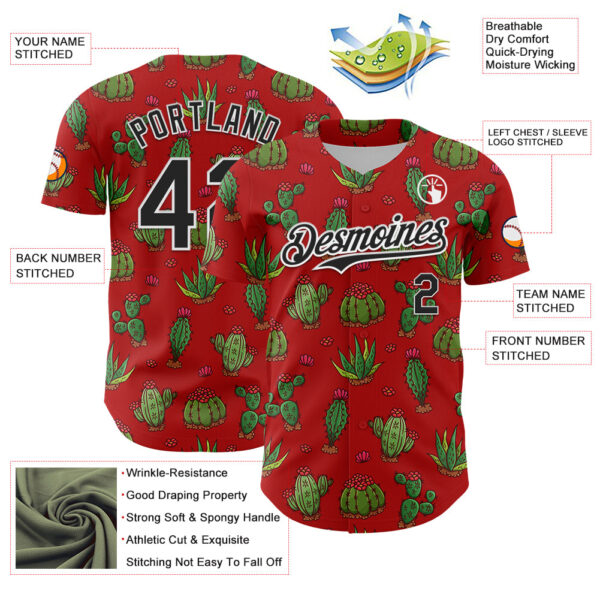 Custom Red Black-White 3D Mexican Cactus Authentic Baseball Jersey