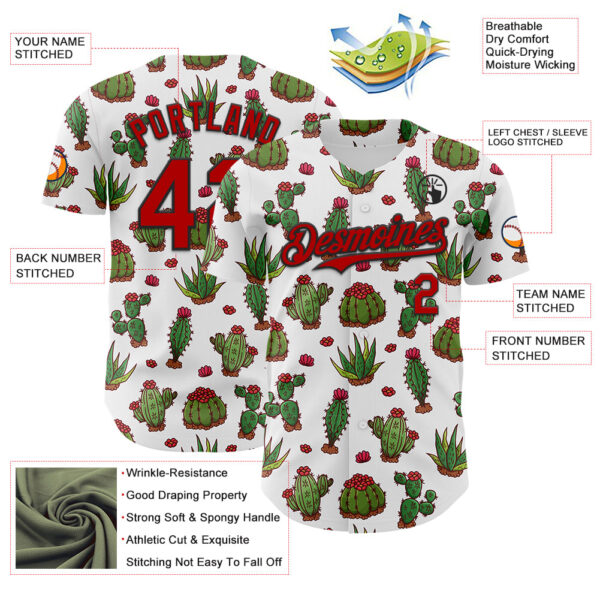 Custom White Red-Black 3D Mexican Cactus Authentic Baseball Jersey
