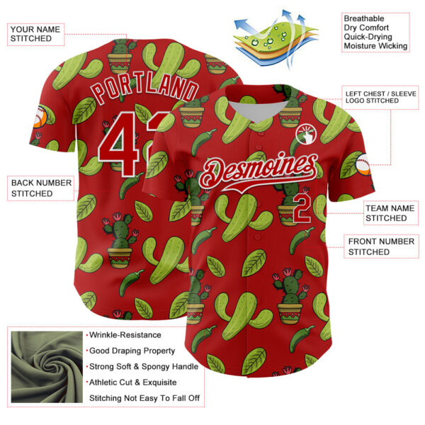 Custom Red White 3D Mexican Cactus Authentic Baseball Jersey