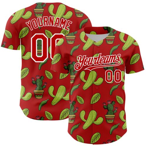 Custom Red White 3D Mexican Cactus Authentic Baseball Jersey