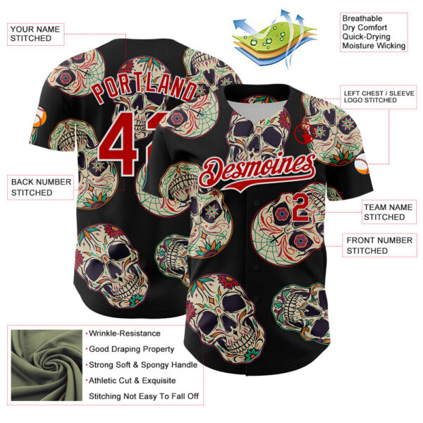 Custom Black Red-White 3D Mexican Skull Authentic Baseball Jersey
