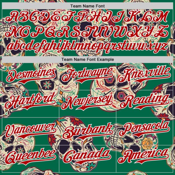 Custom Kelly Green Red-White 3D Mexican Skull Authentic Baseball Jersey