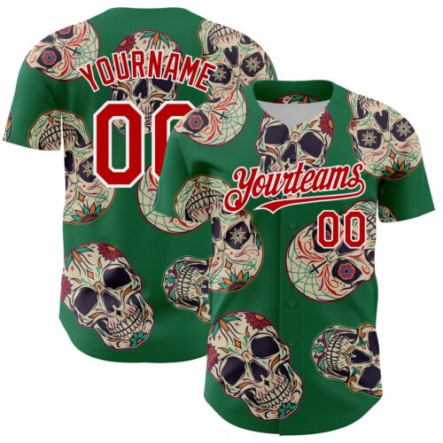Custom Kelly Green Red-White 3D Mexican Skull Authentic Baseball Jersey