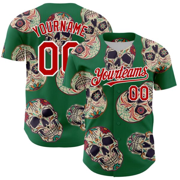 Custom Kelly Green Red-White 3D Mexican Skull Authentic Baseball Jersey