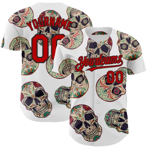 Custom White Red-Black 3D Mexican Skull Authentic Baseball Jersey