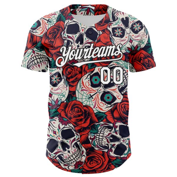 Custom White Black 3D Mexican Skull And Flower Authentic Baseball Jersey