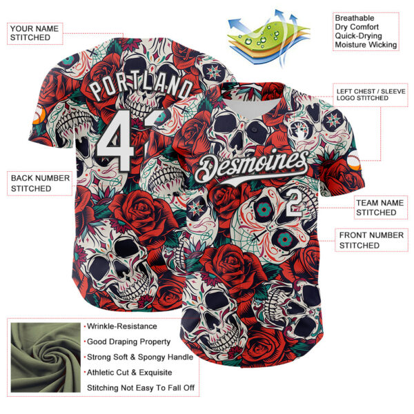 Custom White Black 3D Mexican Skull And Flower Authentic Baseball Jersey