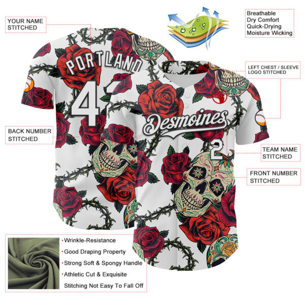 Custom White Black 3D Mexican Skull And Flower Authentic Baseball Jersey