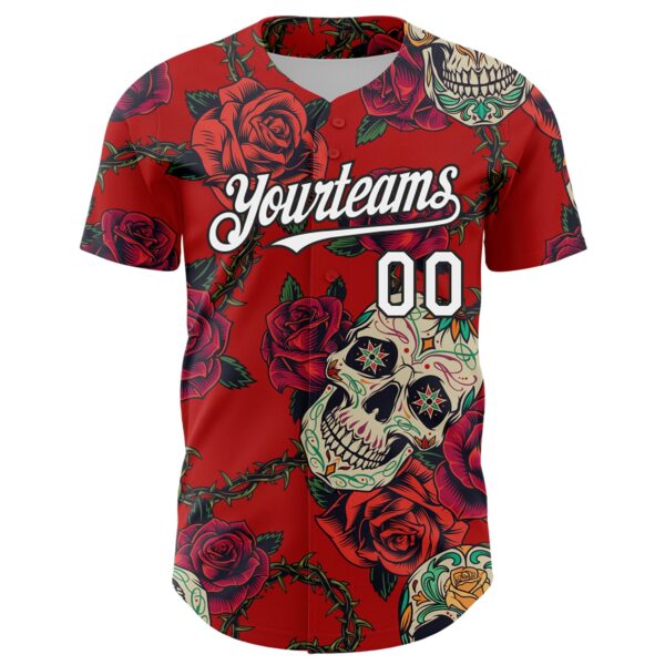 Custom Red White-Black 3D Mexican Skull And Flower Authentic Baseball Jersey