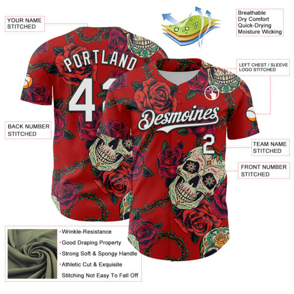 Custom Red White-Black 3D Mexican Skull And Flower Authentic Baseball Jersey