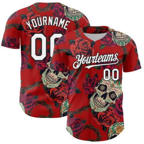 Custom Red White-Black 3D Mexican Skull And Flower Authentic Baseball Jersey