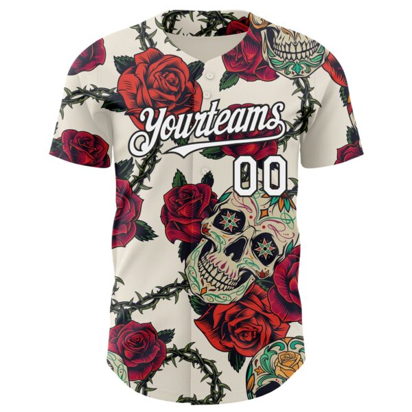 Custom Cream White-Black 3D Mexican Skull And Flower Authentic Baseball Jersey