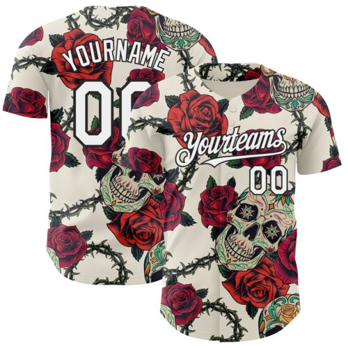 Custom Cream White-Black 3D Mexican Skull And Flower Authentic Baseball Jersey