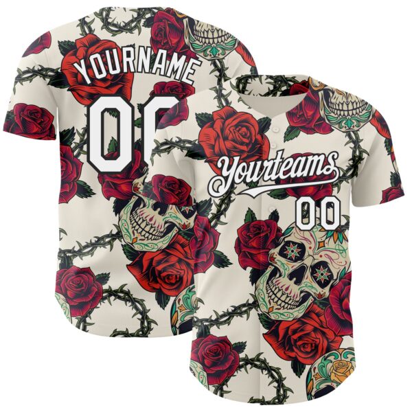 Custom Cream White-Black 3D Mexican Skull And Flower Authentic Baseball Jersey