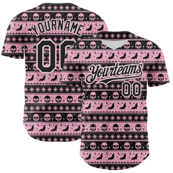 Custom Black Light Pink-White 3D Gothic Skull Authentic Baseball Jersey