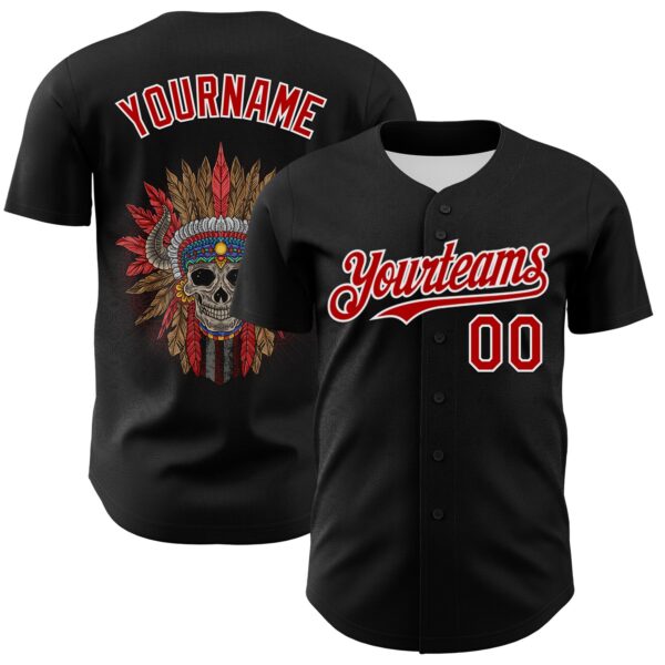 Custom Black Red-White 3D Apache Skull Authentic Baseball Jersey
