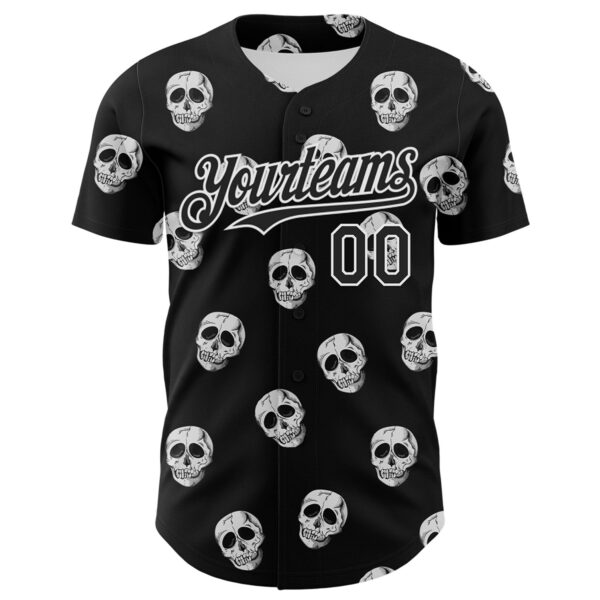 Custom Black White 3D Skull Authentic Baseball Jersey