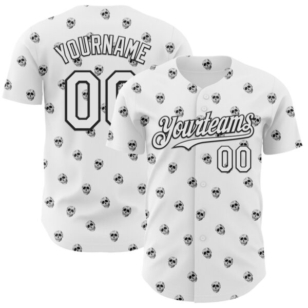 Custom White Black 3D Skull Authentic Baseball Jersey