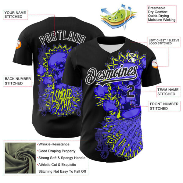 Custom Black White 3D Zombie Skull Authentic Baseball Jersey