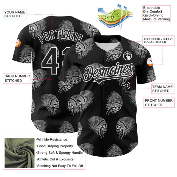 Custom Black White 3D Apache Skull Authentic Baseball Jersey