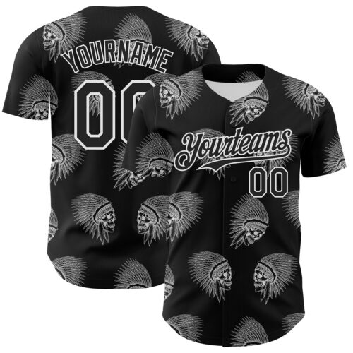 Custom Black White 3D Apache Skull Authentic Baseball Jersey