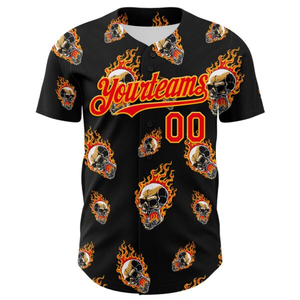 Custom Black Fire Red-Gold 3D Flame Skull Authentic Baseball Jersey