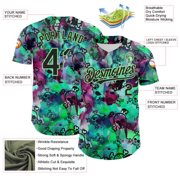 Custom Pea Green Black 3D Graffiti Skull Authentic Baseball Jersey