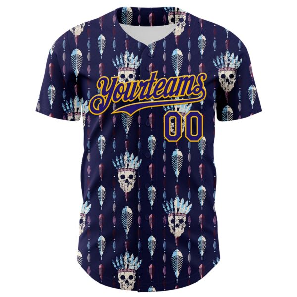 Custom Blue Dark Purple-Gold 3D Apache Skull Authentic Baseball Jersey