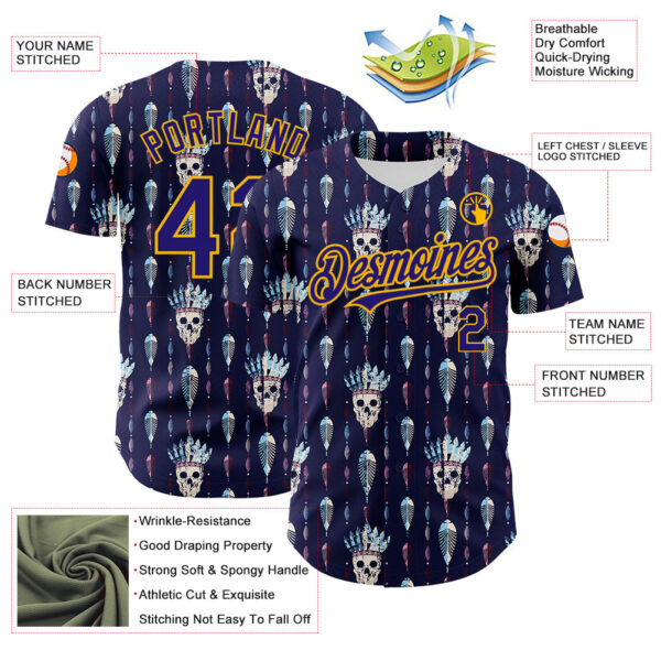 Custom Blue Dark Purple-Gold 3D Apache Skull Authentic Baseball Jersey