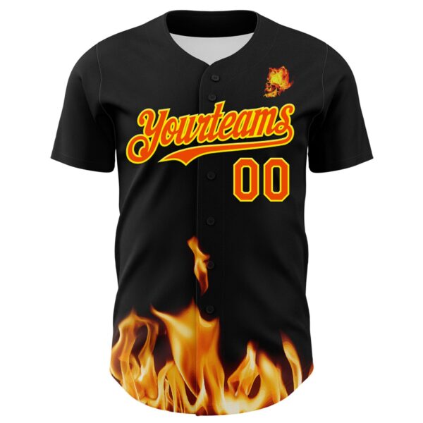 Custom Black Orange-Light Yellow 3D Flame Skull Authentic Baseball Jersey