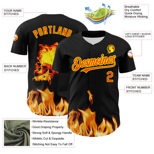 Custom Black Orange-Light Yellow 3D Flame Skull Authentic Baseball Jersey