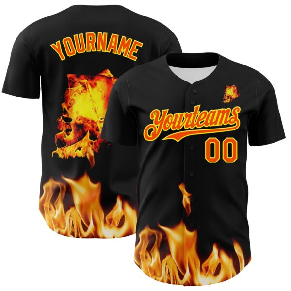 Custom Black Orange-Light Yellow 3D Flame Skull Authentic Baseball Jersey