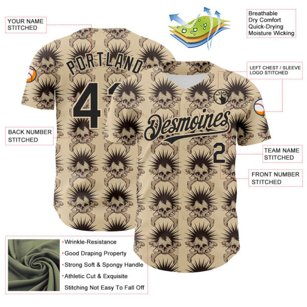 Custom City Cream Black 3D Skull Authentic Baseball Jersey
