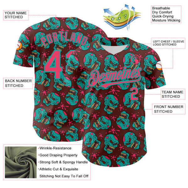 Custom Brown Neon Pink-Aqua 3D Zombie Skull Authentic Baseball Jersey
