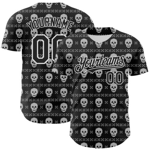 Custom Black White 3D Gothic Skull Authentic Baseball Jersey