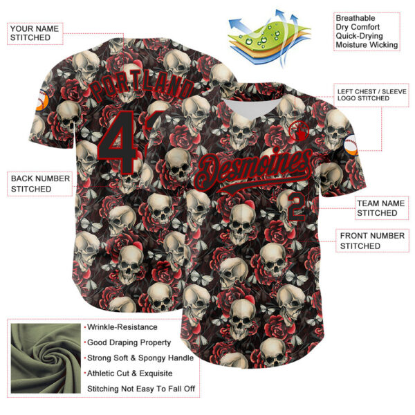 Custom Black Red 3D Skeleton And Flower Authentic Baseball Jersey