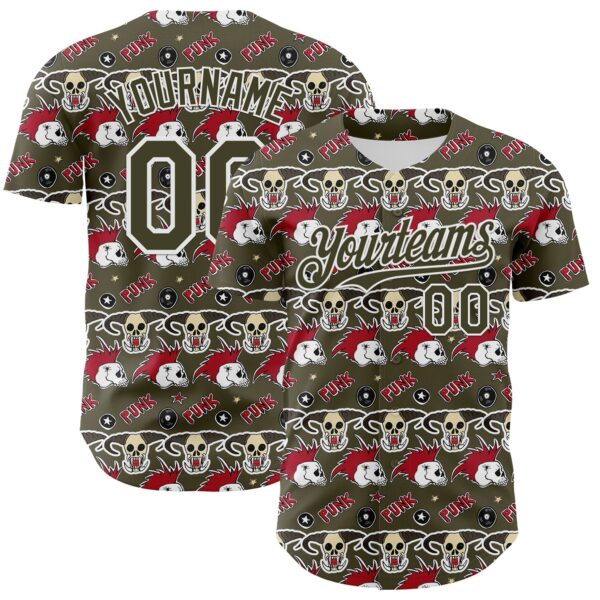 Custom Olive White 3D Punk Rock Skull Authentic Baseball Jersey