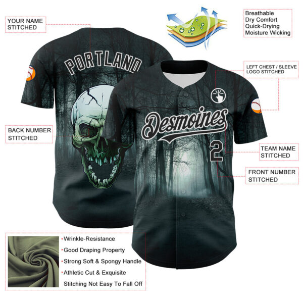 Custom Black White 3D Spooky Skull Authentic Baseball Jersey