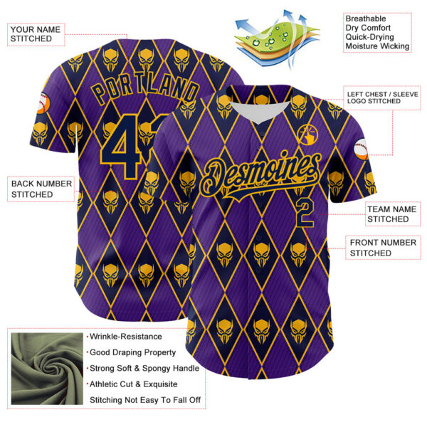 Custom Purple Navy-Gold 3D Skull Authentic Baseball Jersey