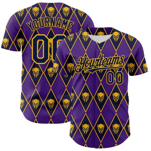 Custom Purple Navy-Gold 3D Skull Authentic Baseball Jersey