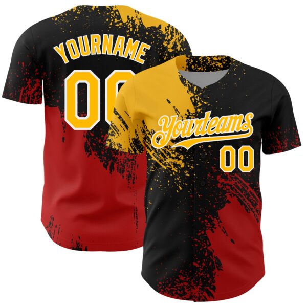 Custom Gold Black-Red 3D Pattern Design Abstract Brush Stroke Authentic Baseball Jersey